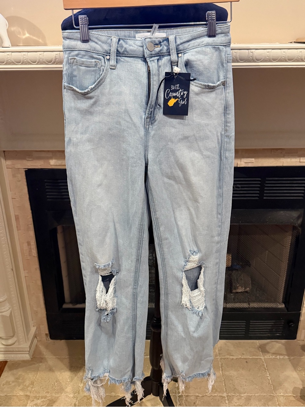 Country Girl Light Blue Cropped Distressed Jeans
